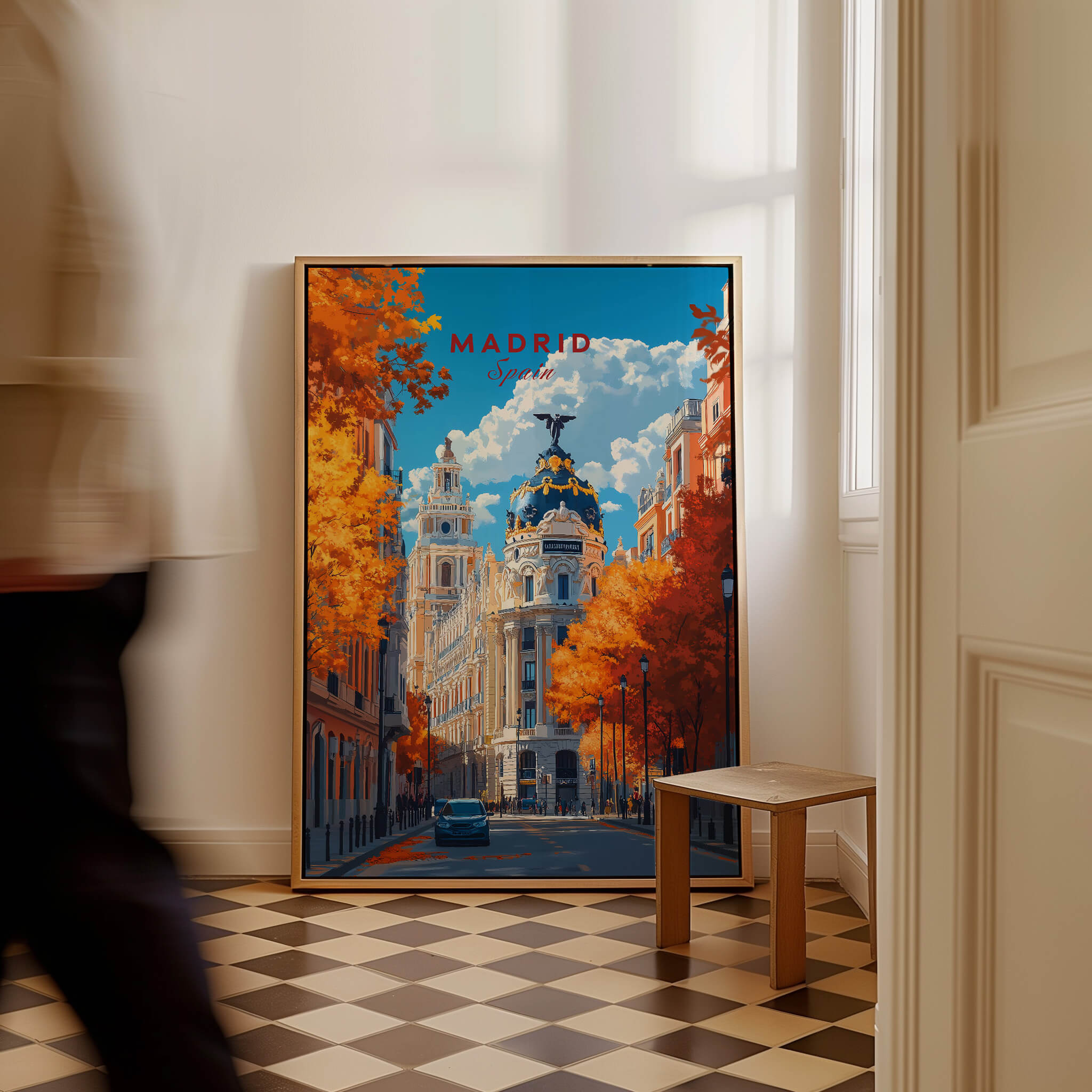 Madrid Travel Print featuring vibrant autumn scene of a bustling street in Madrid.
