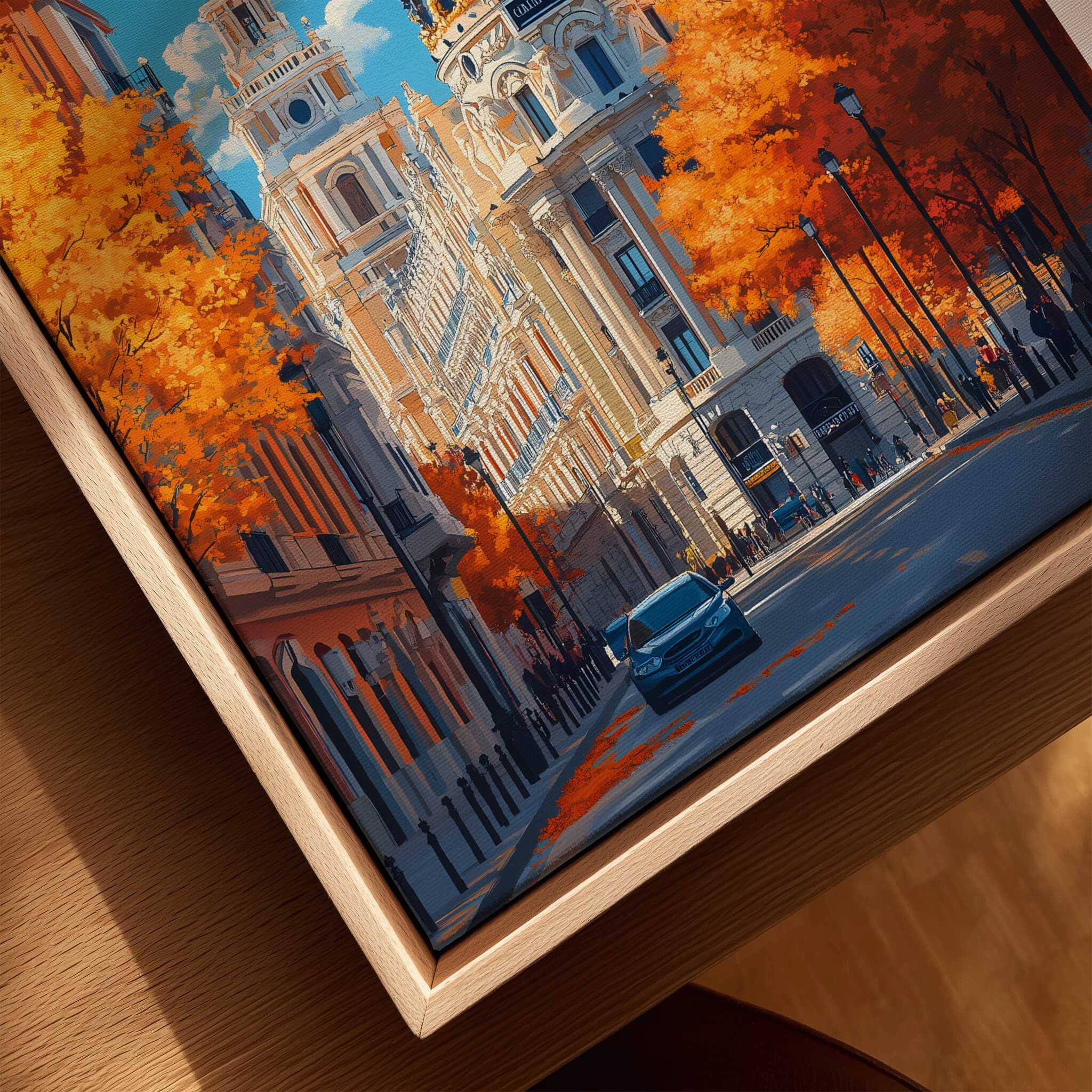 Madrid Travel Print showcasing an autumn scene with vibrant colors and architecture in Madrid.