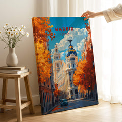 Madrid Travel Print featuring vibrant autumn scene with city buildings and blue sky.