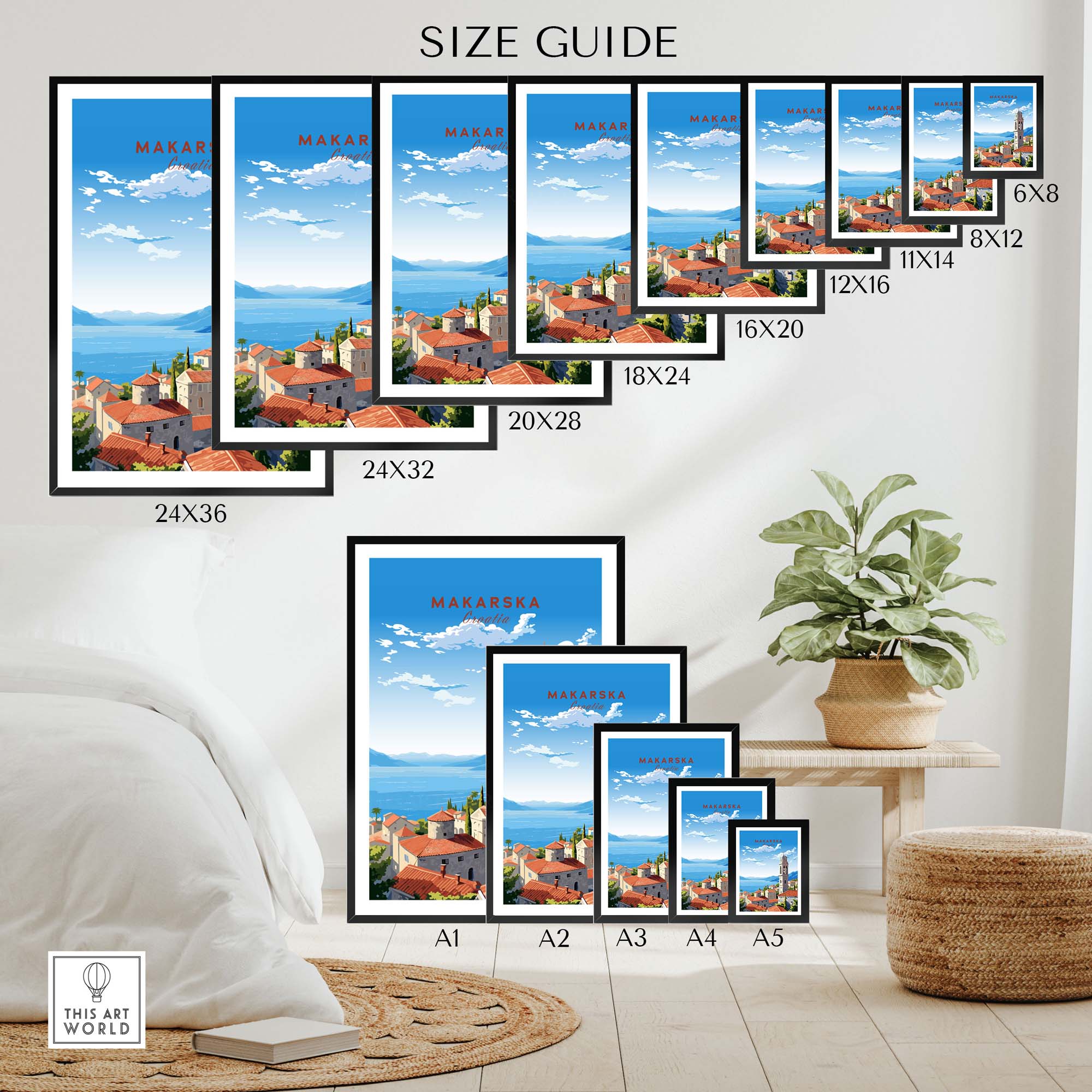 Makarska Croatia travel poster size guide showing various framed print options in a stylish interior setting.