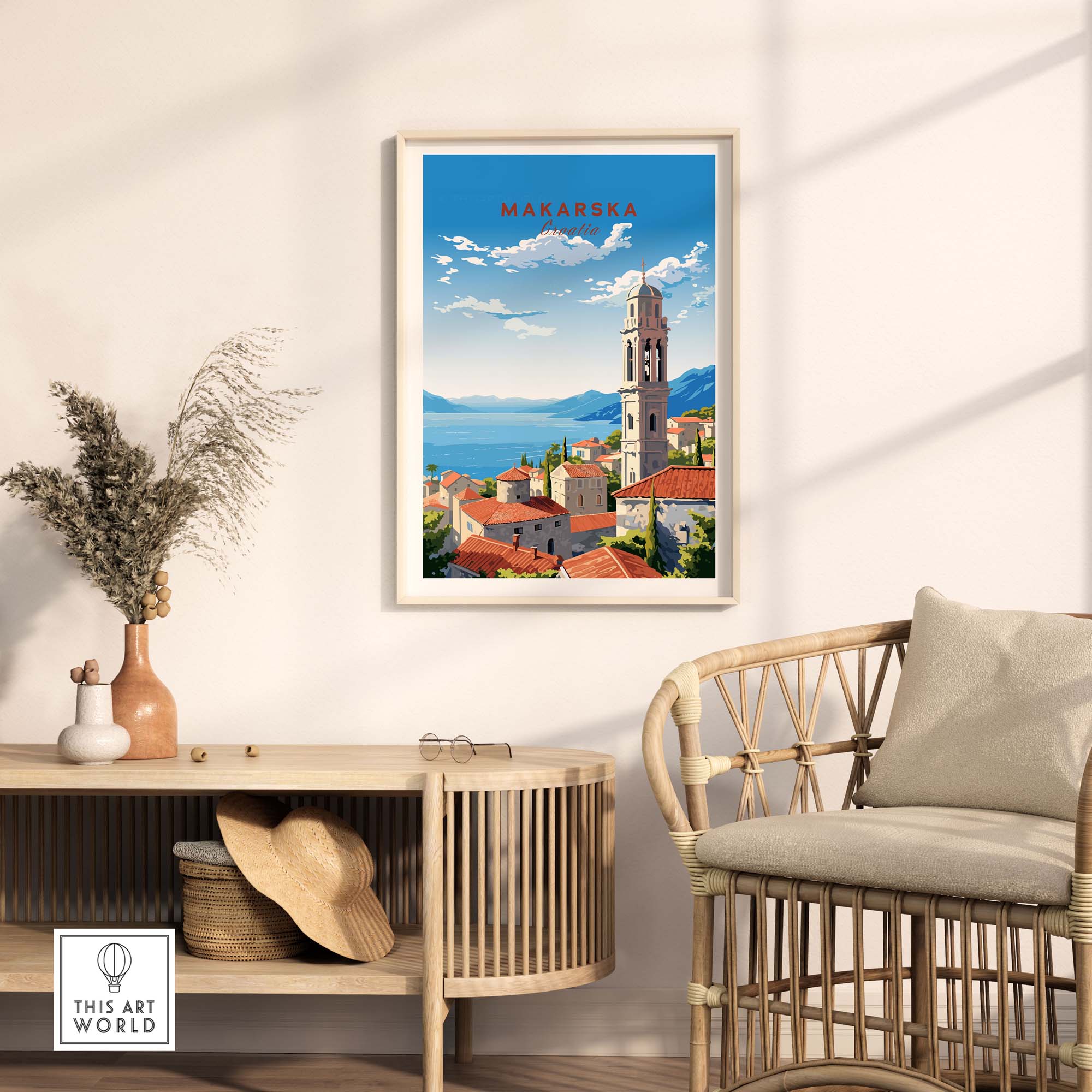 Vibrant Makarska Croatia travel poster print displayed in an elegant home setting, showcasing coastal beauty and architecture.