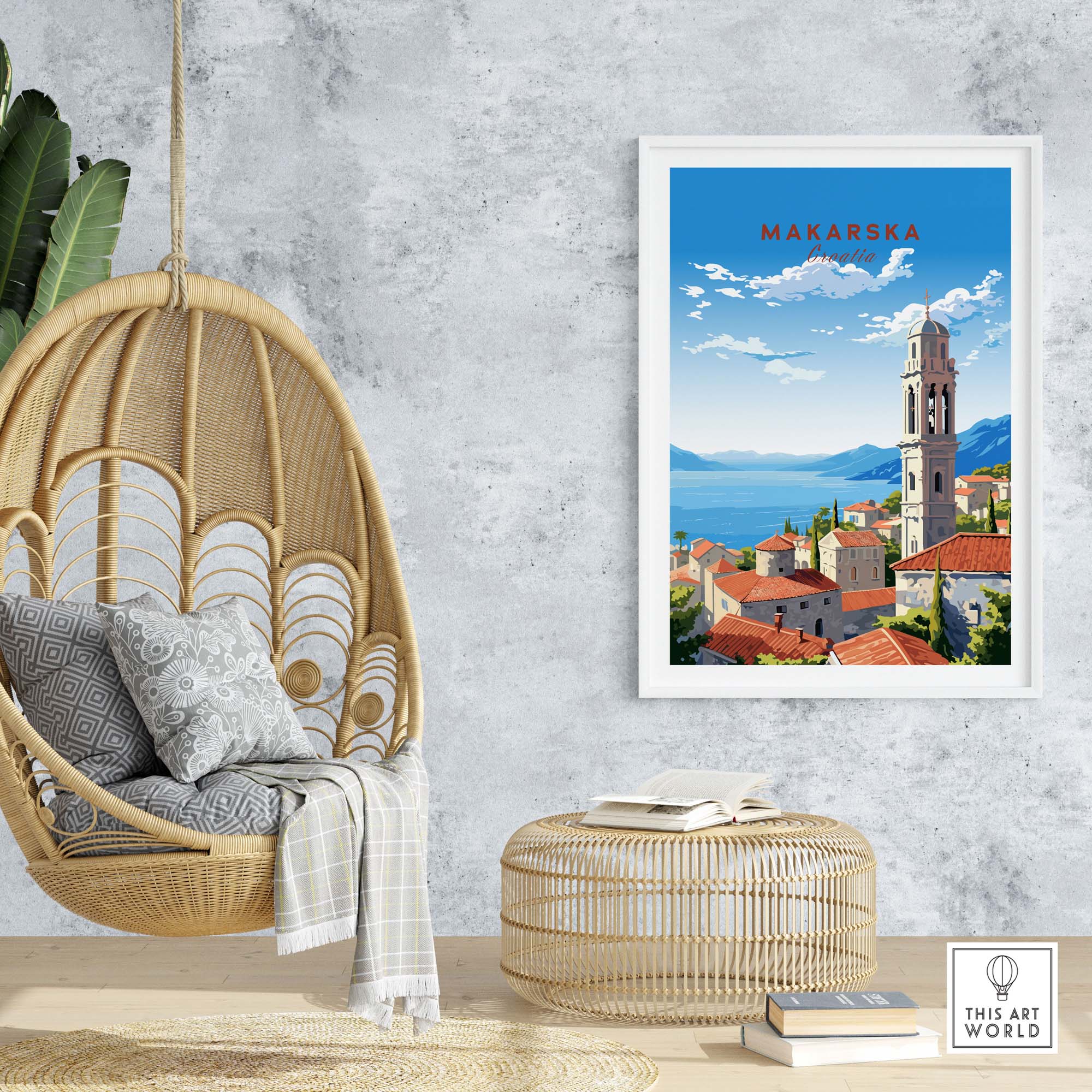 Makarska Croatia travel poster print showcasing vibrant colors and coastal scenery, perfect for home or office decor.