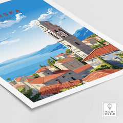 Makarska Croatia travel poster print featuring coastal architecture and a scenic view of the Adriatic Sea.