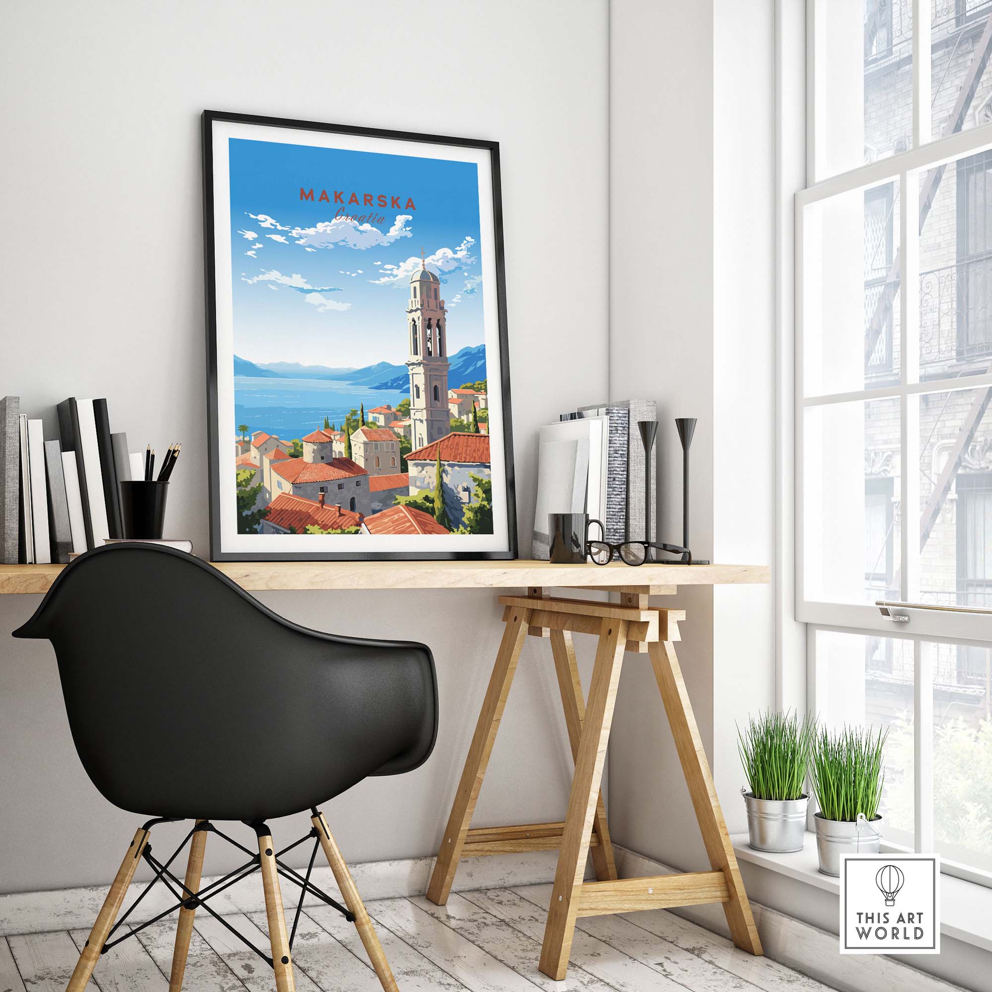 Makarska Croatia travel poster framed in a modern office setting, showcasing vibrant colors and coastal scenery.