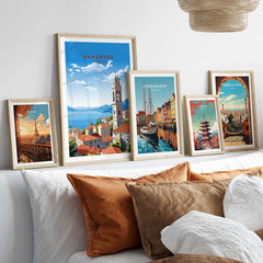 Makarska Croatia travel poster print displayed among other city art prints on a stylish bedroom wall.