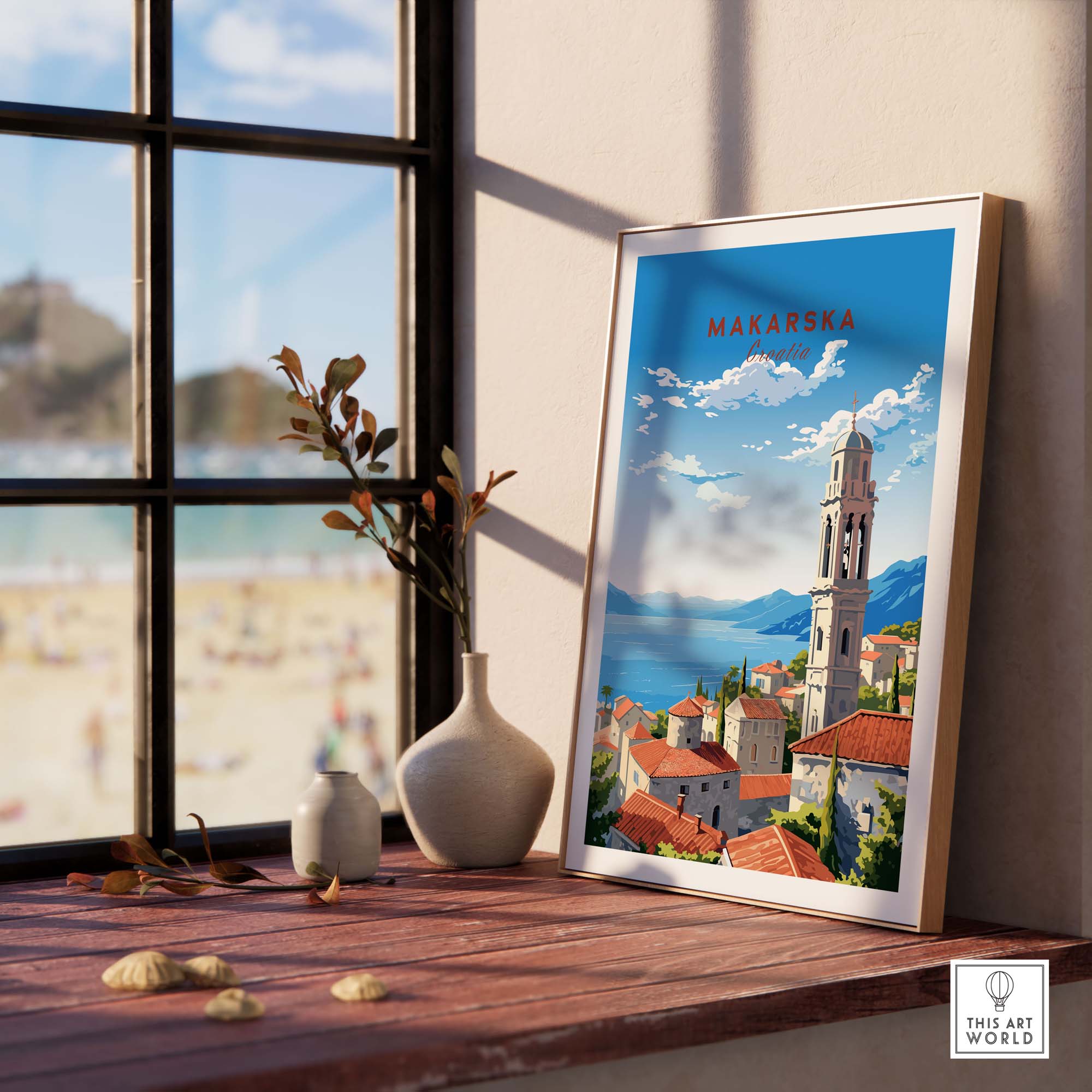 Makarska Croatia travel poster print showcasing a coastal view with charming architecture and vibrant colors.