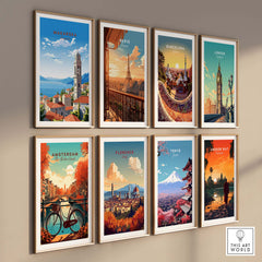 Gallery of travel posters including Makarska, Paris, Barcelona, London, Amsterdam, Florence, Tokyo, and Angkor Wat.