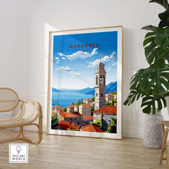 Vibrant Makarska Croatia travel poster print showcasing architecture and coastal views, perfect for home decor.