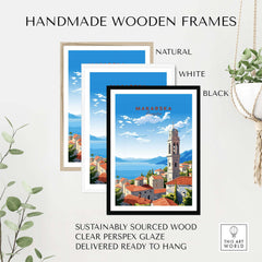Handmade wooden frames in natural, white, and black for Makarska Croatia travel poster, crafted from sustainably sourced wood.