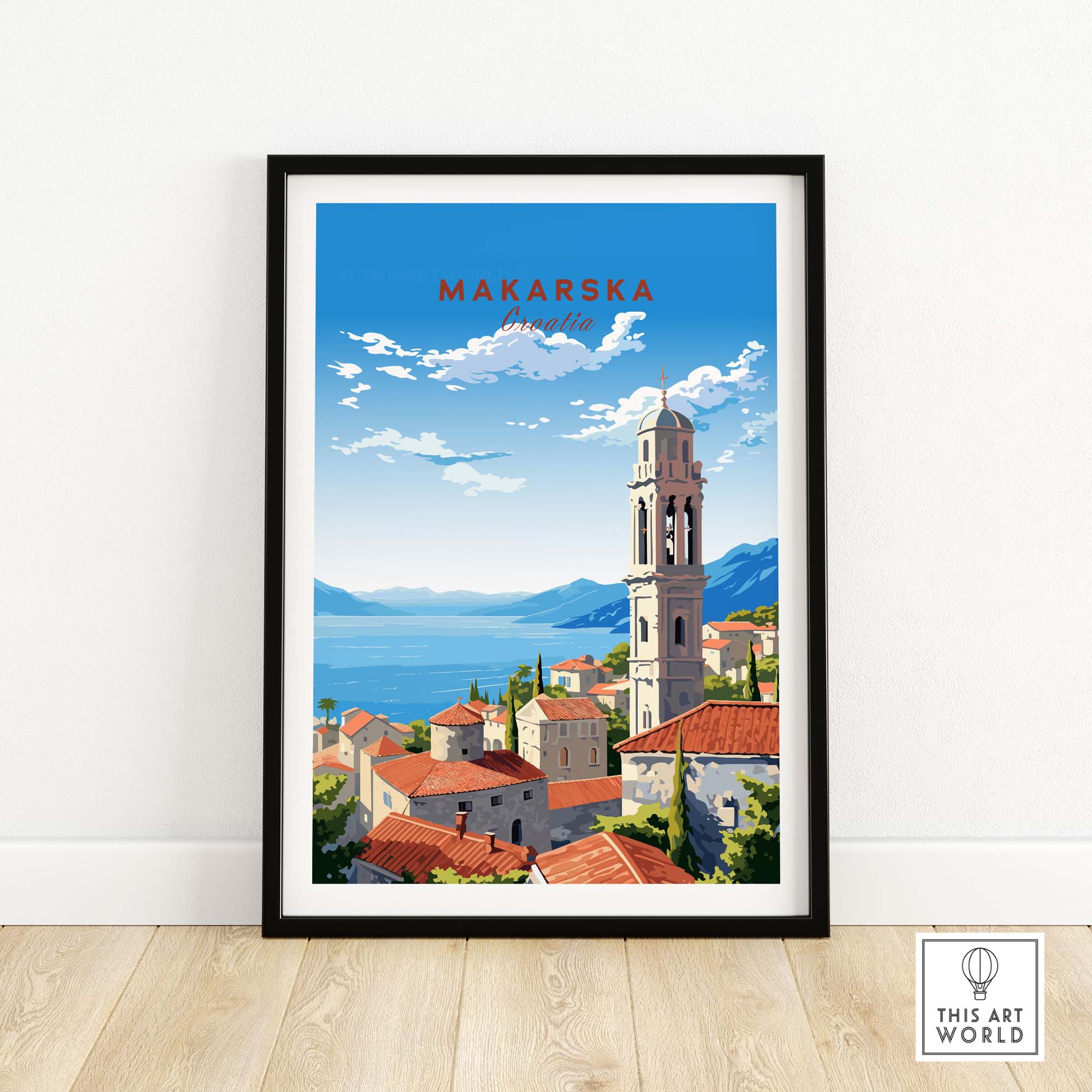 Vibrant Makarska Croatia travel poster print showcasing the coastal view and architecture with vivid colors.
