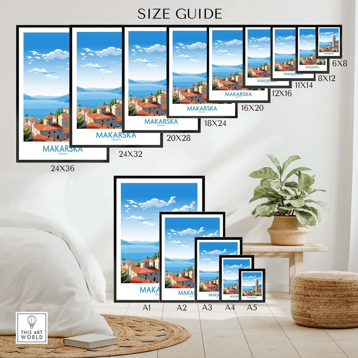 Size guide for Makarska Croatia wall art in various frame sizes, displayed in a cozy home setting.