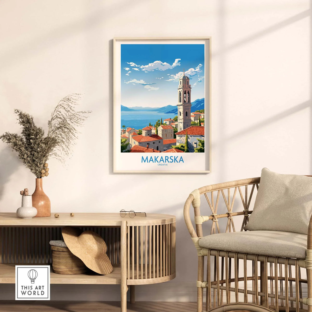 Makarska Croatia wall art in modern style displayed in a contemporary living room setting.