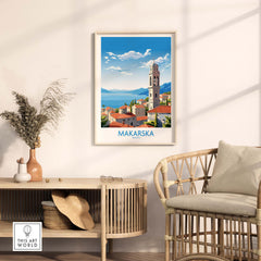 Makarska Croatia wall art in modern style displayed in a contemporary living room setting.