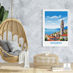 Modern wall art featuring Makarska, Croatia, with vibrant colors and coastal scenery in a stylish home setting.
