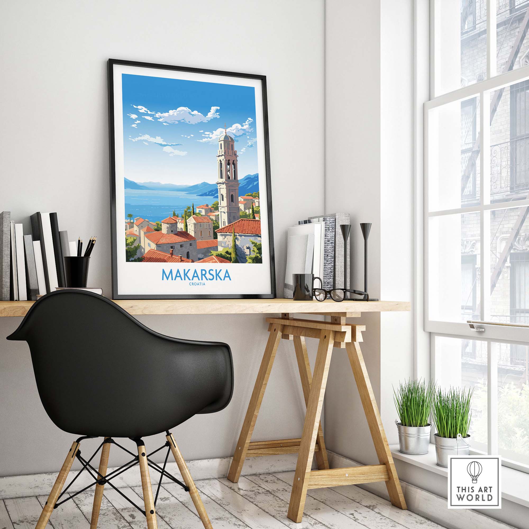 Makarska Croatia wall art displayed in a modern workspace, featuring scenic views and vibrant colors.