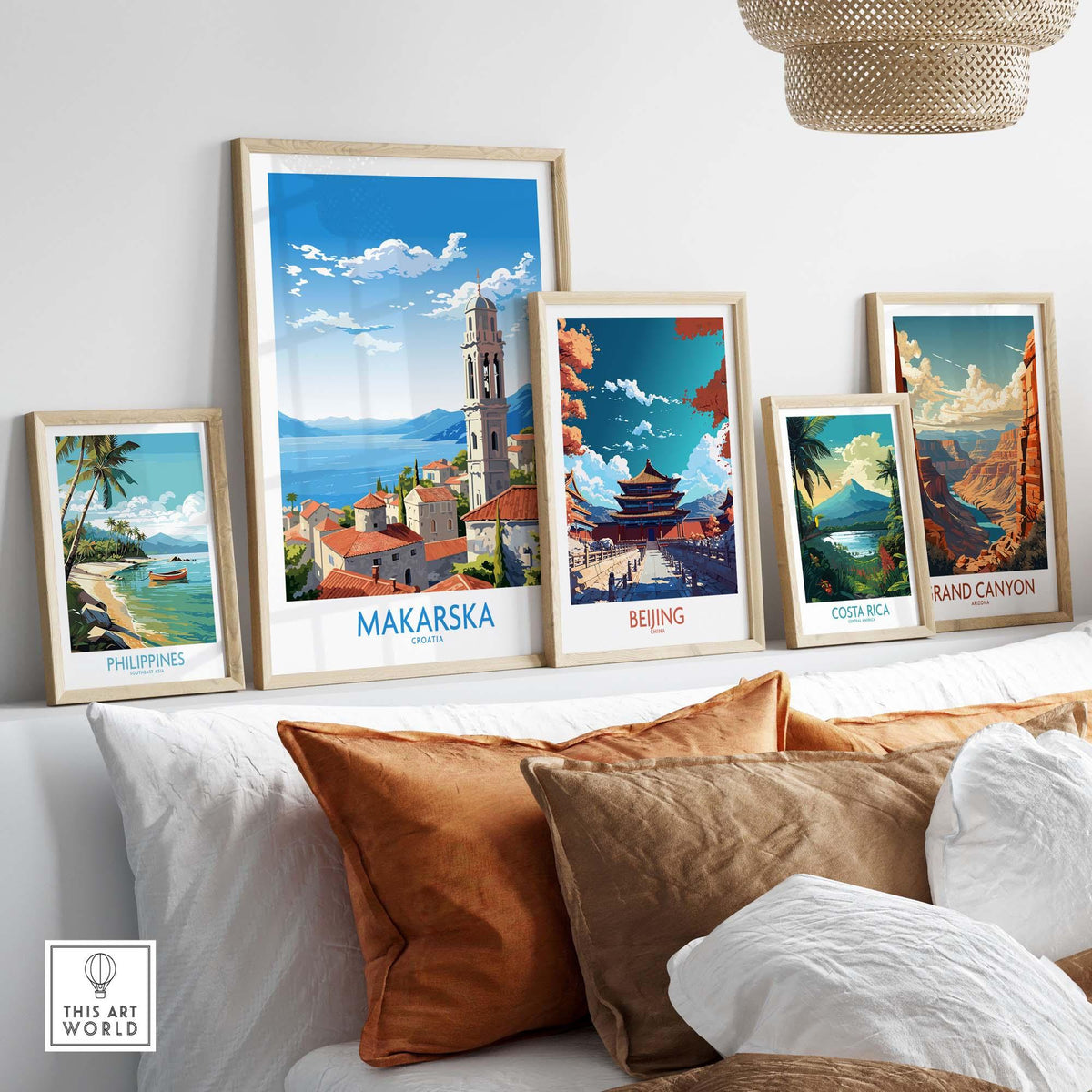 Modern wall art display featuring Makarska Croatia, Beijing, Costa Rica, and the Grand Canyon.