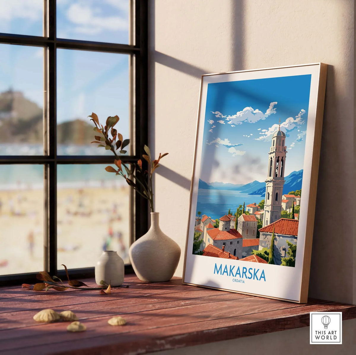 Makarska Croatia wall art in modern style, showcasing a beautiful landscape view from indoors.