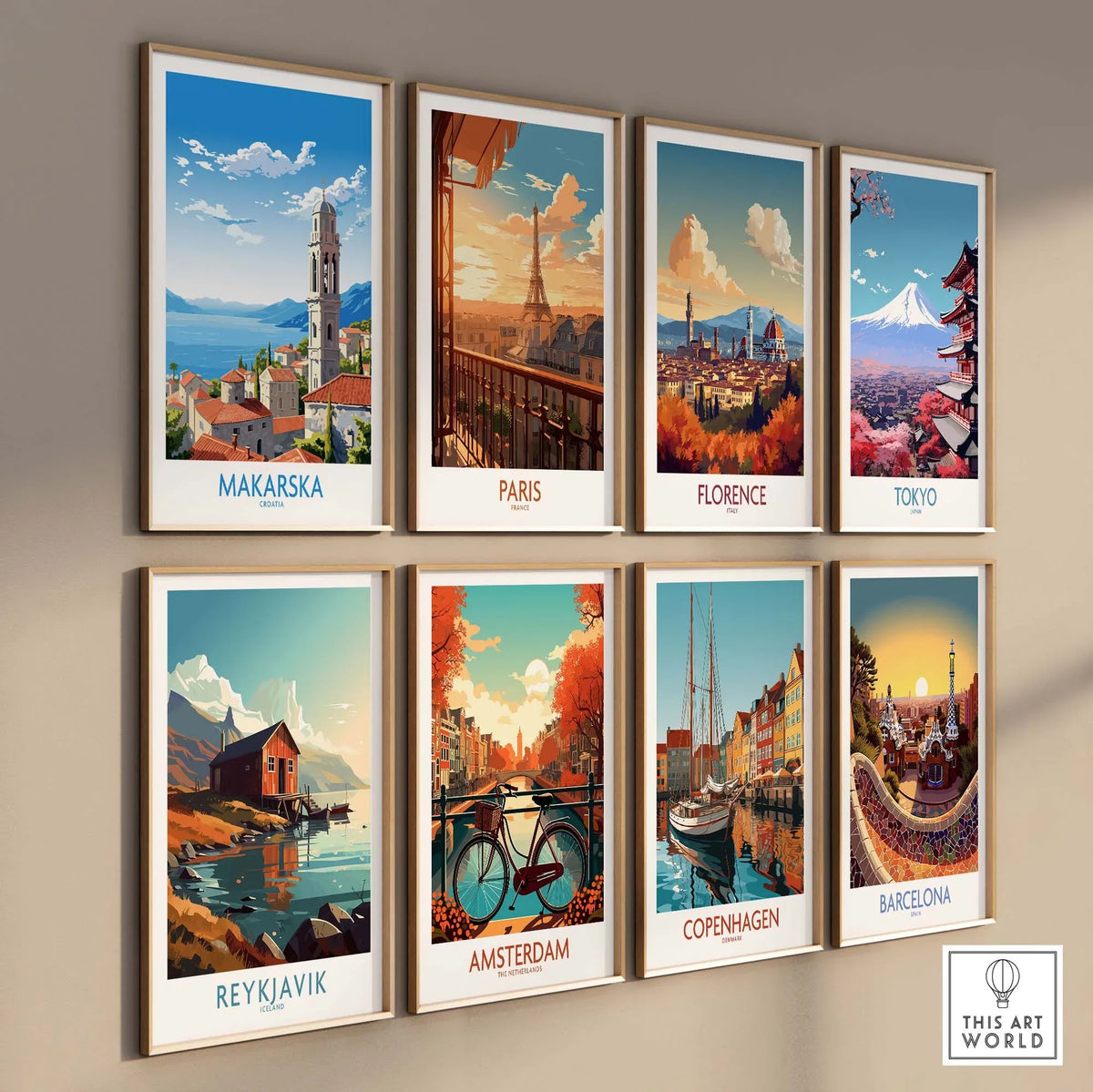Set of colorful city travel wall art prints including Makarska and others like Paris and Florence.