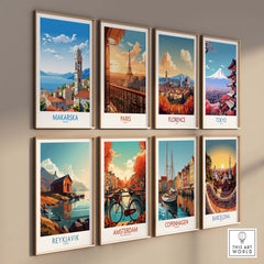 Set of colorful city travel wall art prints including Makarska and others like Paris and Florence.