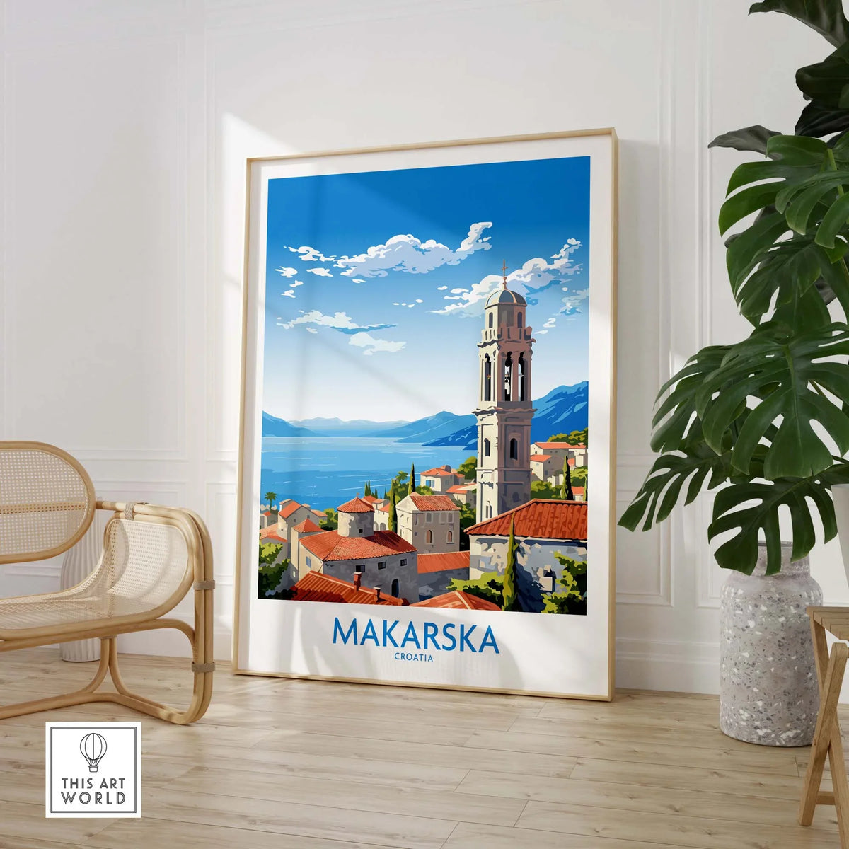 Modern Makarska Croatia wall art showcasing coastal view and historic architecture in vibrant colors.