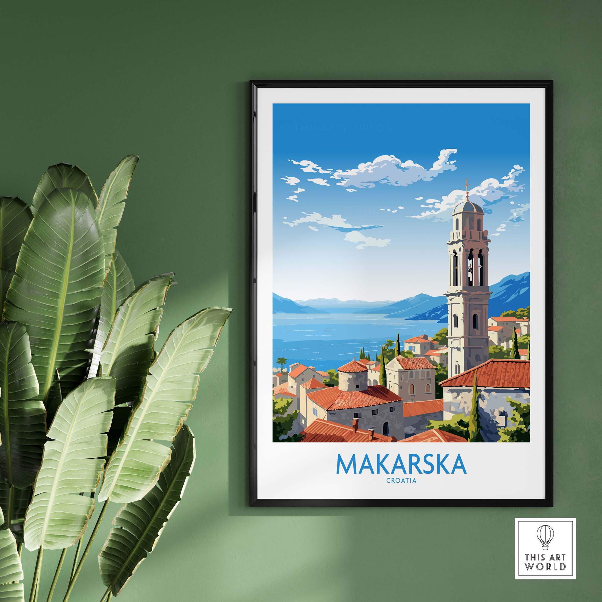Makarska Croatia wall art featuring a coastal view and clock tower, contemporary design for home decor.
