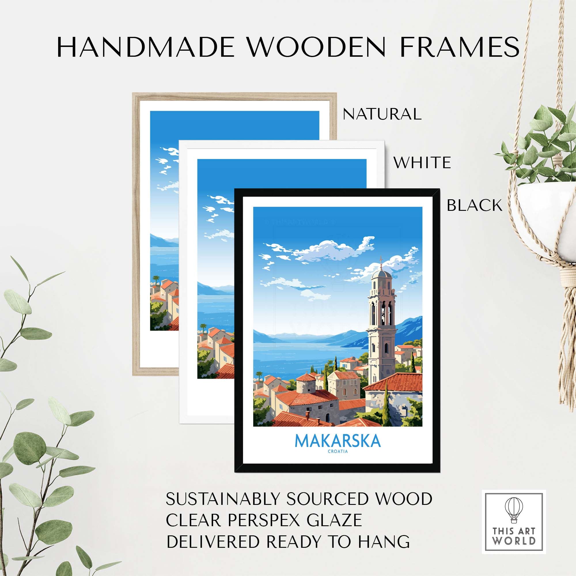 Handmade wooden frames in natural, white, and black for Makarska Croatia wall art. Sustainably sourced, ready to hang.