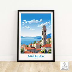 Makarska Croatia wall art in modern style featuring coastal view and tower, perfect for home decor.