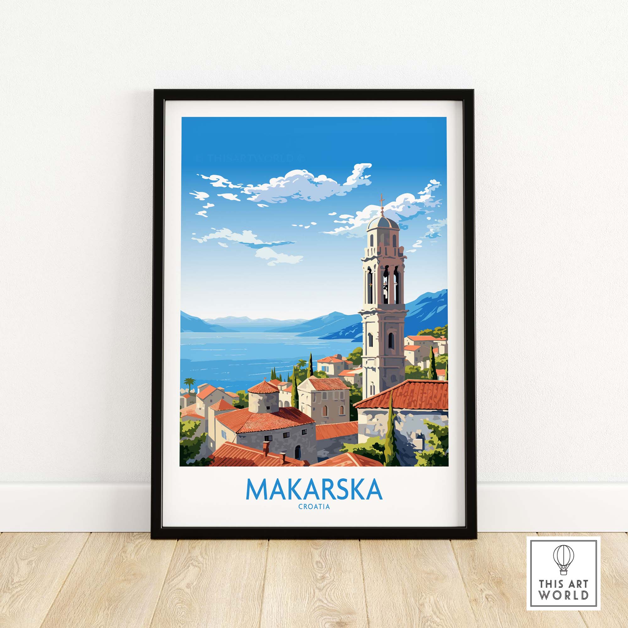 Makarska Croatia wall art in modern style featuring coastal view and tower, perfect for home decor.