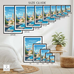 Size guide for Makarska Poster Croatia Art Print in various frame sizes displayed in a cozy interior setting.