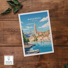 Makarska poster art print showcasing vibrant architecture and stunning Adriatic seascape in Croatia.