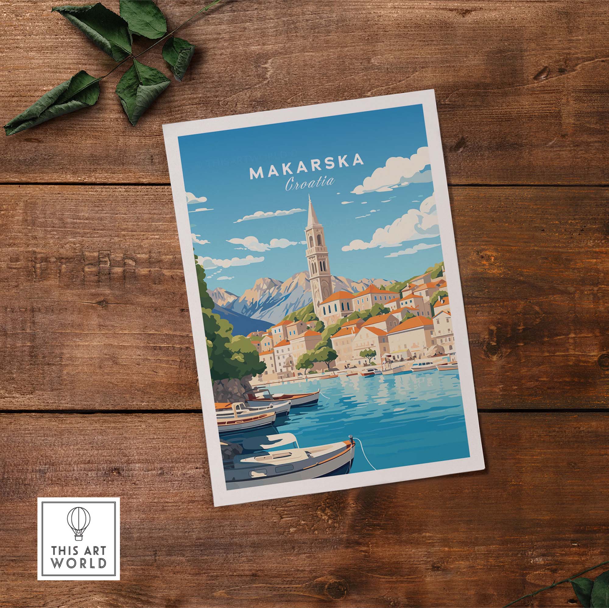 Makarska poster art print showcasing vibrant architecture and stunning Adriatic seascape in Croatia.