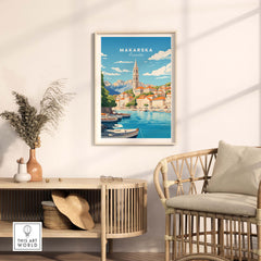 Makarska Poster Croatia Art Print featuring vibrant colors and scenic views of Makarska's coastline and architecture.