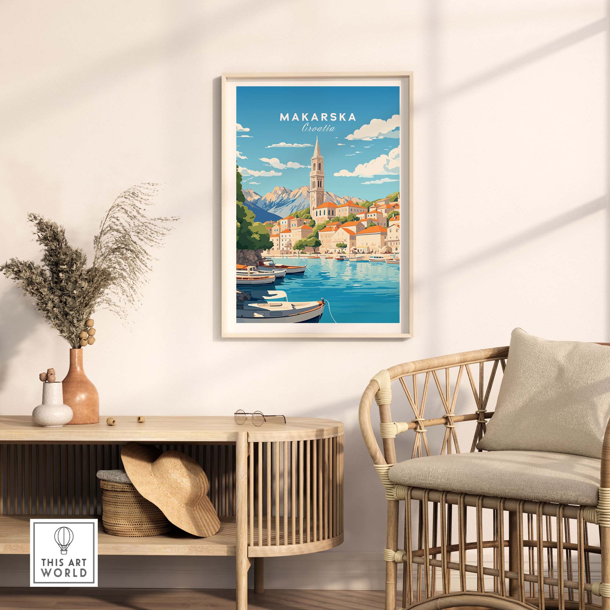 Makarska Poster Croatia Art Print featuring vibrant colors and scenic views of Makarska's coastline and architecture.