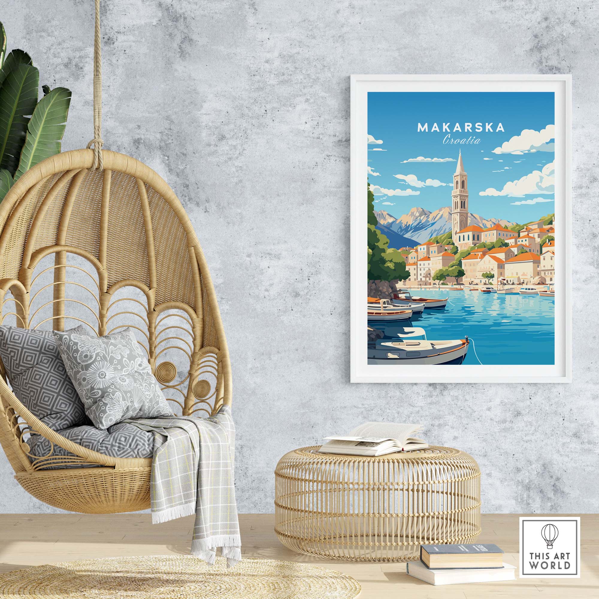 Makarska Poster Croatia art print in a stylish living space, showcasing vibrant colors and stunning coastal scenery.