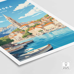 Makarska Croatia art print featuring vibrant scenery of boats, coastal architecture, and blue skies.