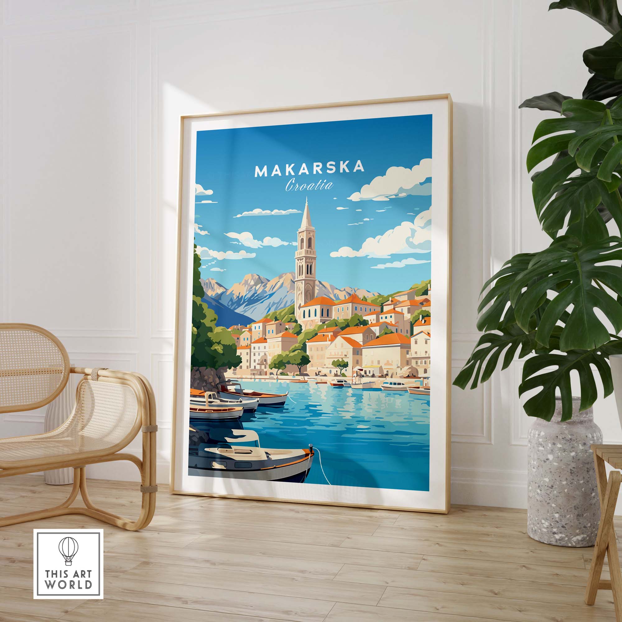 Vibrant Makarska travel poster showcasing charming architecture and scenic Adriatic views.