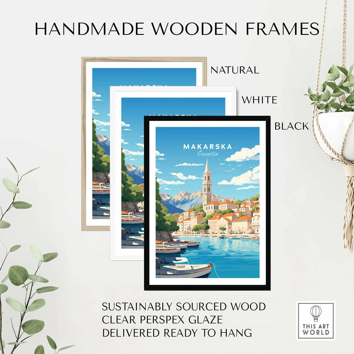 Handmade wooden frames in natural, white, and black styles for Makarska Poster, made from sustainably sourced wood.