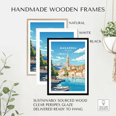 Handmade wooden frames in natural, white, and black styles for Makarska Poster, made from sustainably sourced wood.