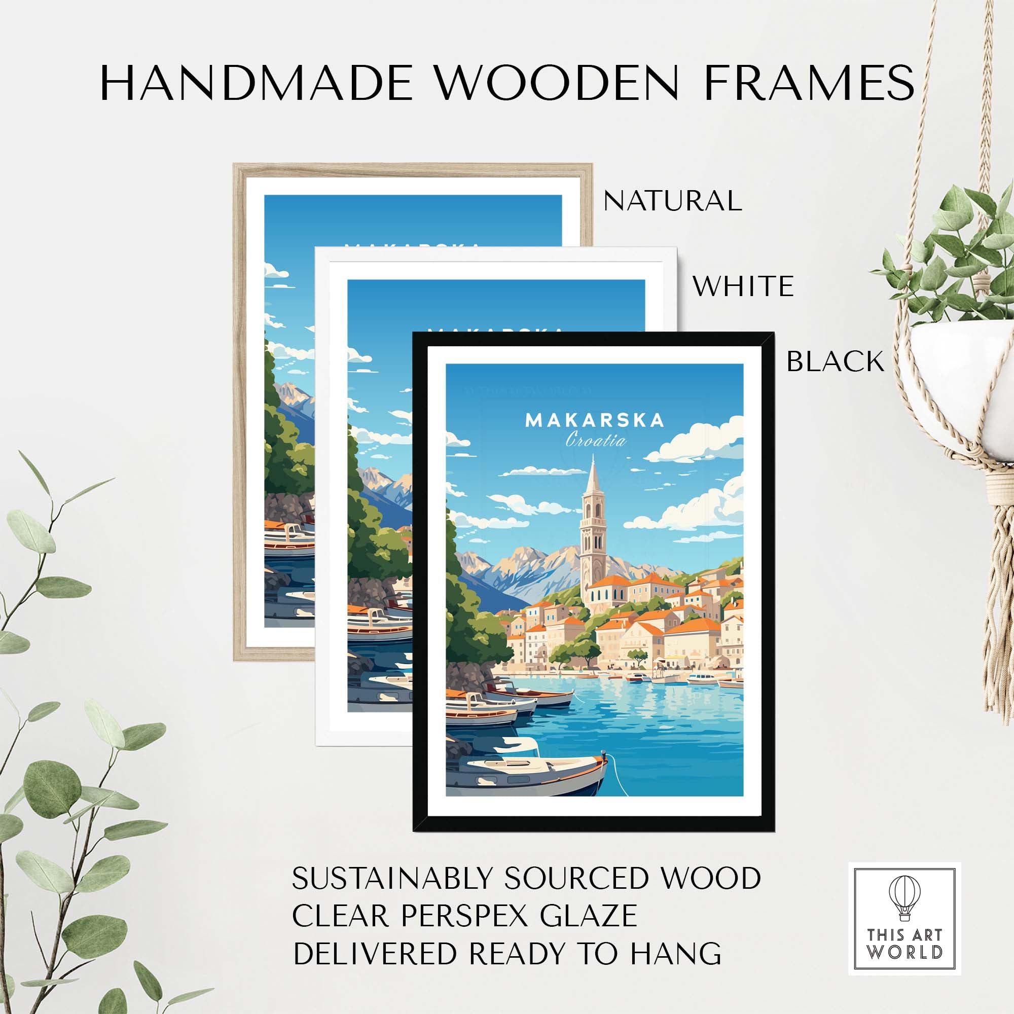 Handmade wooden frames in natural, white, and black styles for Makarska Poster, made from sustainably sourced wood.