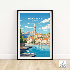 Makarska Poster Croatia Art Print showcasing vibrant colors, picturesque architecture, and Adriatic beauty.