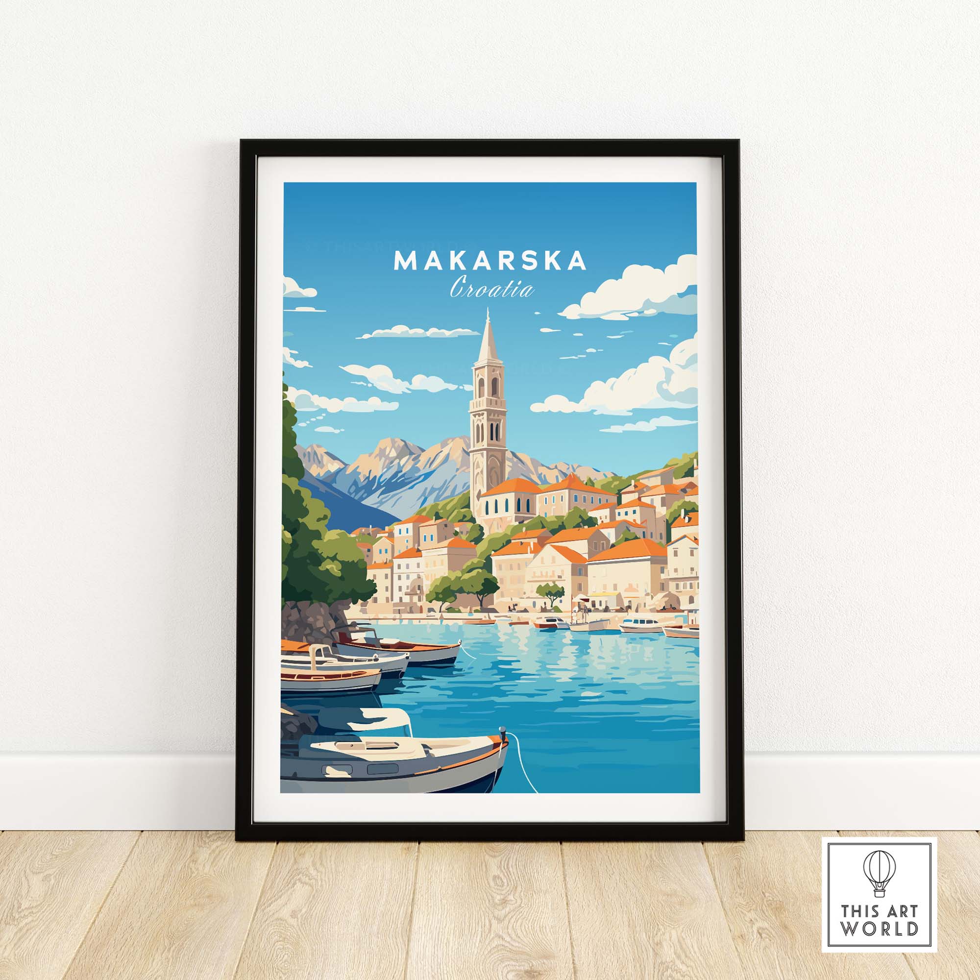 Makarska Poster Croatia Art Print showcasing vibrant colors, picturesque architecture, and Adriatic beauty.