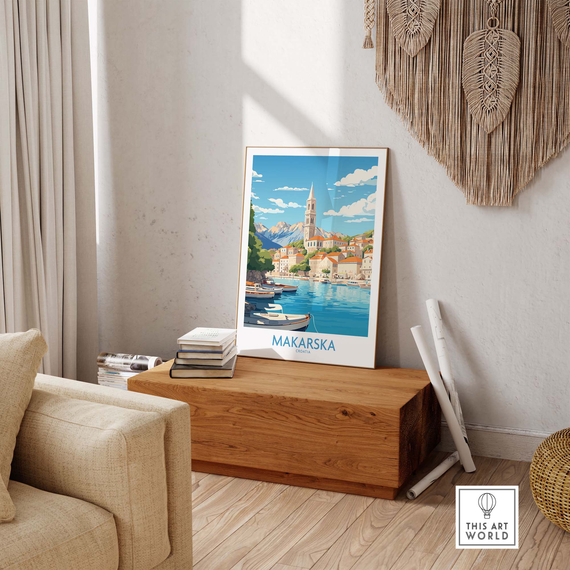 Makarska wall art print featuring picturesque coastal scene of Makarska, Croatia, displayed in a modern home setting.