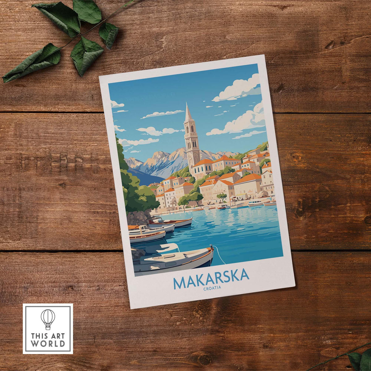 Vibrant Makarska wall art print depicting the coastal beauty of Croatia, showcasing boats and stunning architecture.