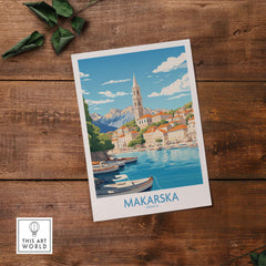 Vibrant Makarska wall art print depicting the coastal beauty of Croatia, showcasing boats and stunning architecture.