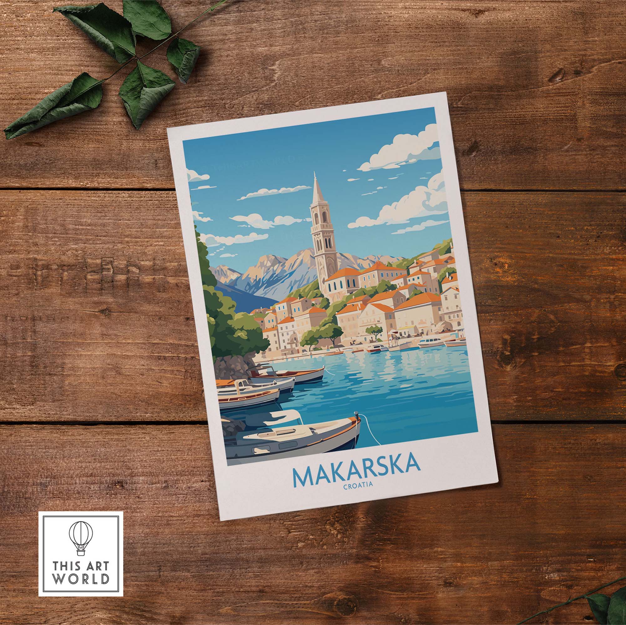 Vibrant Makarska wall art print depicting the coastal beauty of Croatia, showcasing boats and stunning architecture.