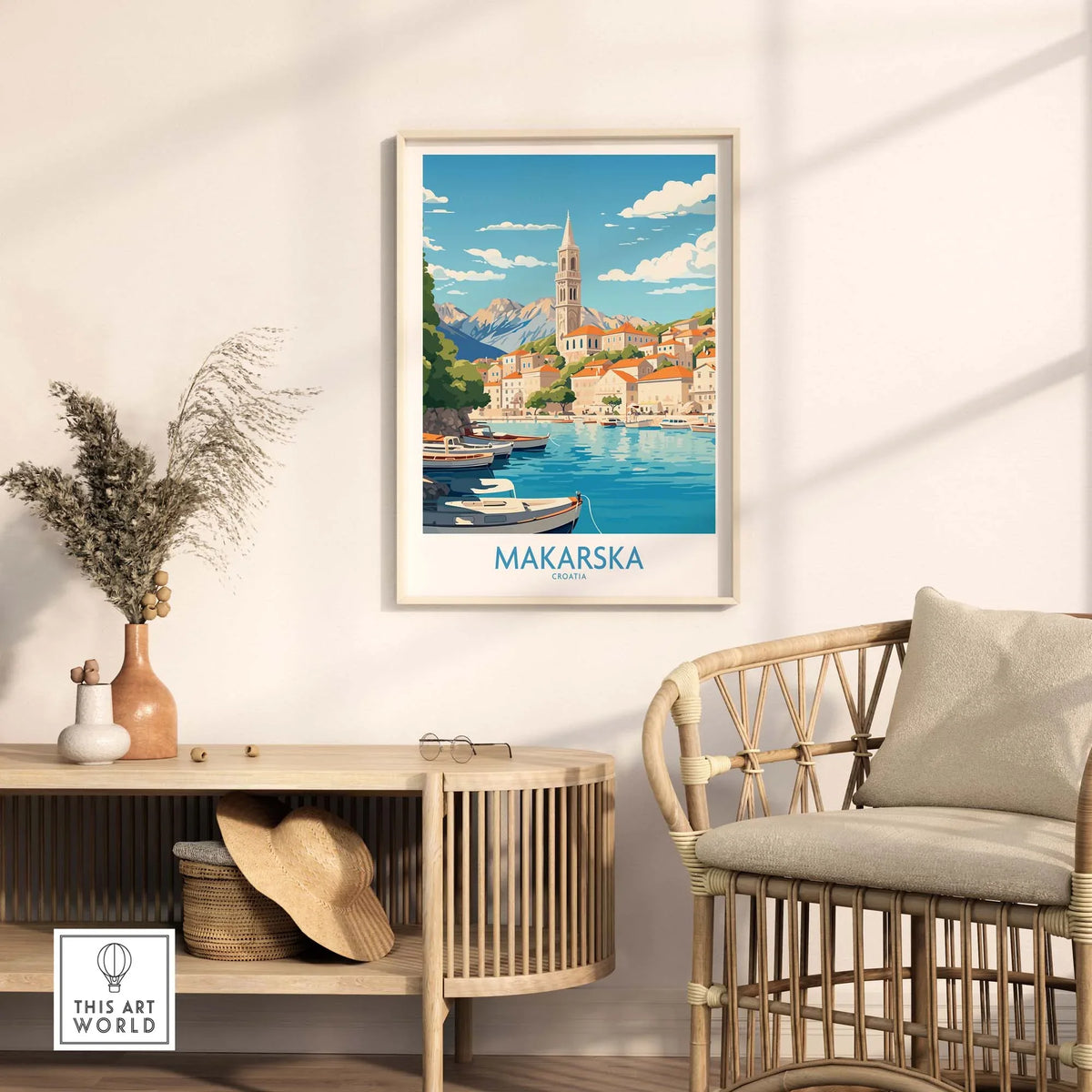Framed Makarska wall art showcasing the stunning harbor and mountains of Croatia, adding a modern touch to any interior.