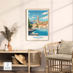 Framed Makarska wall art showcasing the stunning harbor and mountains of Croatia, adding a modern touch to any interior.