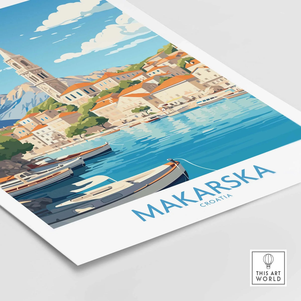 Makarska wall art print depicting scenic Croatian coastal town and boats on serene water.