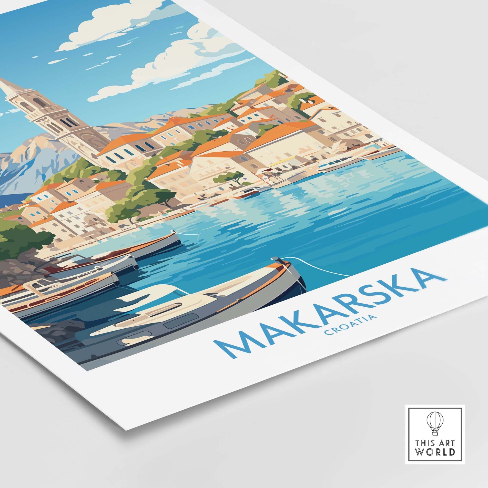 Makarska wall art print depicting scenic Croatian coastal town and boats on serene water.