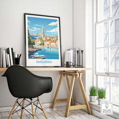 Makarska wall art depicting scenic harbor view and coastal town, enhancing modern interiors with travel-inspired decor.